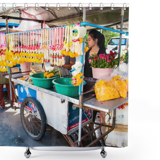 Personality  Maeklong, Thailand - May 24, 2014: Thai Street Vendor Of Flower Garlands In Maeklong, Thailand.Flower Garlands Are Widely Used In Buddhist Religious Ceremonials And Rituals. Shower Curtains