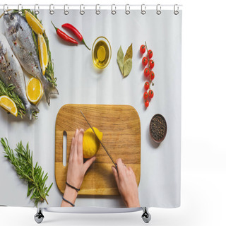 Personality  Partial View Of Woman Cutting Lemon By Knife On Wooden Board Near Raw Fish On Table Shower Curtains