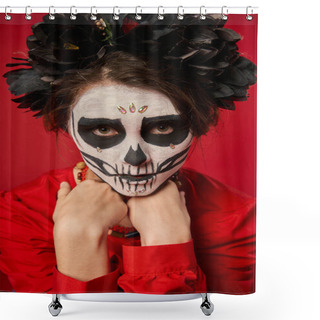 Personality  Woman In Spooky Skull Makeup And Black Wreath Looking At Camera On Red, Dia De Los Muertos Concept Shower Curtains