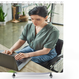 Personality  Attractive Confident Businesswoman With Tattoo In Wheelchair Working At Her Laptop In Office Shower Curtains