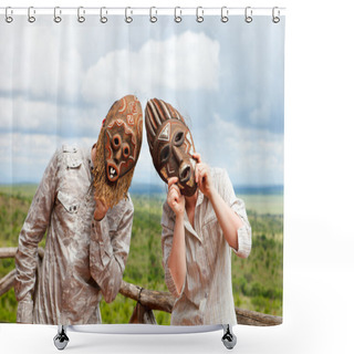 Personality  Couple In African Masks Shower Curtains