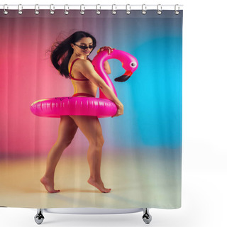 Personality  Fashion Portrait Of Young Fit And Sportive Woman With Rubber Flamingo In Stylish Red Swimwear On Gradient Background. Perfect Body Ready For Summertime. Shower Curtains