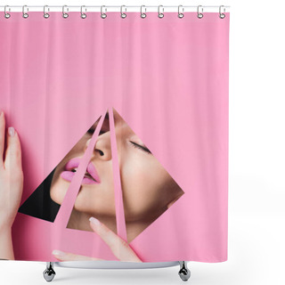 Personality  Woman With Pink Lips And Closed Eyes Across Triangular Holes Touching Paper On Black  Shower Curtains