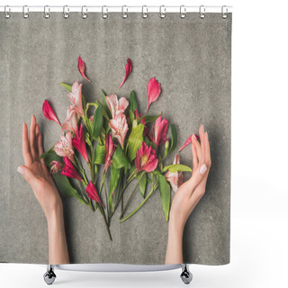 Personality  Partial View Of Female Hands And Beautiful Peruvian Lilies On Grey Concrete Tabletop Shower Curtains