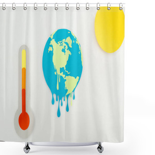 Personality  Paper Cut Sun And Melting Earth, And Thermometer With High Temperature Indication On Scale On Grey Background, Global Warming Concept Shower Curtains