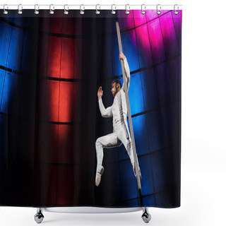Personality  Side View Of Acrobat Posing While Performing And Holding Metallic Pole  Shower Curtains