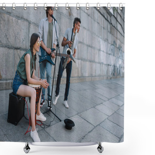 Personality  Young Happy Woman With Drum And Men With Guitar And Djemba At City Street Shower Curtains