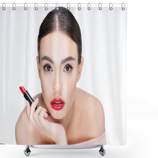 Personality  Woman Holding Red Lipstick  Shower Curtains