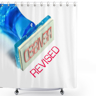 Personality  Revised Letter On Blue Rubber Stamp Isolated On White Background Shower Curtains