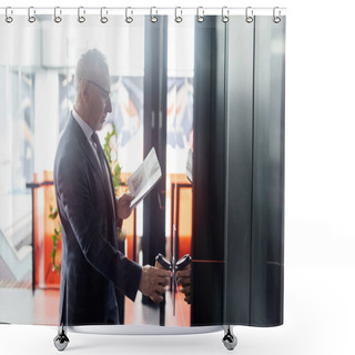 Personality  Side View Of Businessman With Newspaper And Paper Cup Pushing Button Of Elevator  Shower Curtains