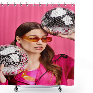 Personality  A Stylish Young Woman In Her 20s, Wearing Sunglasses, Joyfully Holding Two Disco Balls In A Studio With A Pink Background. Shower Curtains