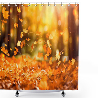 Personality  Leaves Falling In Defocused Autumn Forest With Bokeh Shower Curtains