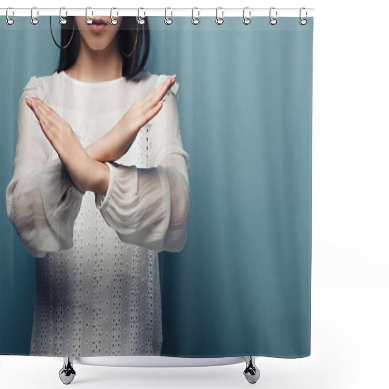 Personality  Cropped View Of Brunette Asian Woman Showinng Stop Gesture On Blue Background Shower Curtains