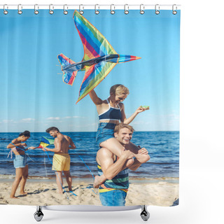 Personality  Selective Focus Of Interracial Group Of Friends With Kites Having Fun On Sandy Beach Shower Curtains
