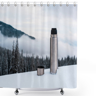 Personality  Open Metallic Vacuum Flask In Snowy Mountains With Pine Trees And White Fluffy Clouds Shower Curtains