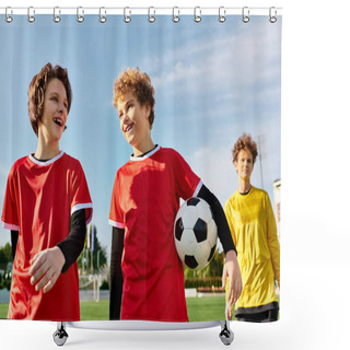Personality  A Group Of Young Men Stand Next To Each Other On A Soccer Field, Showcasing A Sense Of Camaraderie And Teamwork As They Prepare For The Game Ahead. Shower Curtains