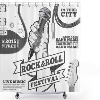Personality  Rock And Roll Festival Concept Poster. Hand Holding A Microphone In A Fist. Black And White Vector Illustration . Mixed Media Shower Curtains
