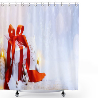 Personality  Art Christmas Gift Box And Christmas Decoration On Light Backgro Shower Curtains