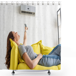 Personality  Attractive Young Woman Relaxing Under Air Conditioner And Holding Remote Control Shower Curtains