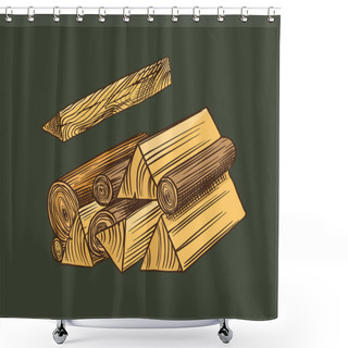 Personality  Wood Or Firewood. Piece Of Tree. Plank And Log, Lumber And Cut, Firewood In Vintage Style. Vector Illusion For Signboard, Labels, Logo Or Banner. Campfire Material. Engraved Hand Drawn Sketch. Shower Curtains