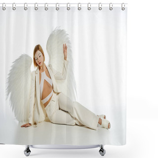Personality  Graceful Woman In Costume Of Heavenly Angel With Wings Sitting On White Backdrop, Full Length Shower Curtains