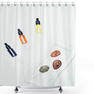 Personality  Top View Of Clay Powder, Cosmetic Bottles With Pipes, Plate And Spoons With Various Colorful Clay Masks Isolated On White Surface  Shower Curtains