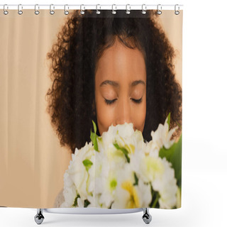 Personality  African American Preteen Girl Smelling Bouquet Of Daisies With Closed Eyes Isolated On Beige Shower Curtains