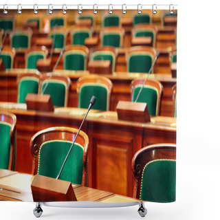Personality  Empty Vintage Congress Hall With Seats And Microphones. Shower Curtains