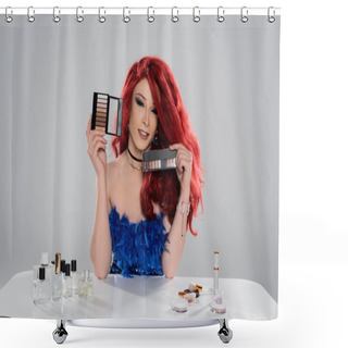 Personality  Positive Drag Queen Holding Eye Shadows Near Perfumes And Makeup Brushes Isolated On Grey   Shower Curtains