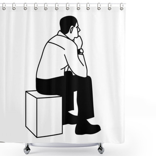 Personality  Man Sitting On Box. View From The Back. Black Lines Isolated On White Background. Concept. Vector Illustration Of Serious Man Sitting On Cube Putting Elbows On His Knees In Simple Sketch Style. Shower Curtains