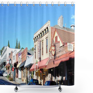 Personality  Grass Valley, California, USA: Main Street With Pete's Pizza, Main St Mall, Sierra Star, And Holbrooke Hotel. Grass Valley Is A Gold Rush Town In The Foothills Of The Sierra Nevada Mountains.  Shower Curtains