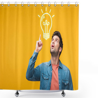 Personality  Confused Handsome Man Pointing With Finger At Light Bulb Illustration Isolated On Yellow Shower Curtains