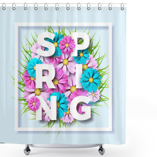 Personality  Vector Illustration On A Spring Nature Theme With Beautiful Colorful Flower On Blue Background. Floral Design Template With Typography Letter. Shower Curtains