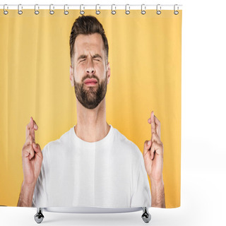 Personality  Handsome Man In White T-shirt With Crossed Fingers Isolated On Yellow Shower Curtains