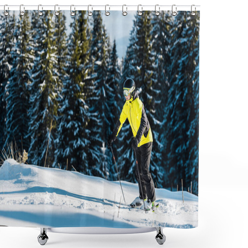 Personality  Skier In Helmet Holding Ski Sticks While Skiing On Snow Near Firs Shower Curtains