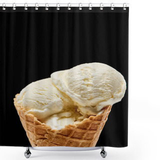 Personality  Close Up View Of Delicious Vanilla Ice Cream In Crispy Waffle Cone Isolated On Black  Shower Curtains