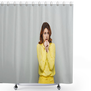 Personality  Worried Woman In Yellow Shirt Holding Hands Near Face While Looking Away On Grey Shower Curtains