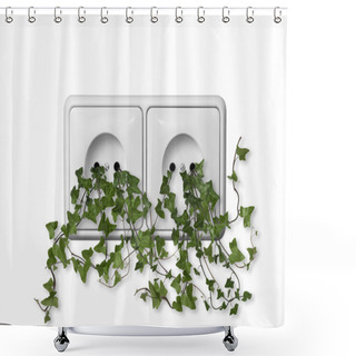 Personality  Green Leaves Growing From Wall Outlet On White Background Shower Curtains
