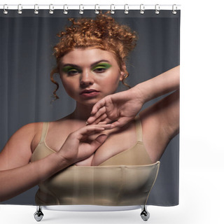 Personality  Portrait Of Alluring Plus Size Woman With Red Wavy Hair In Beige Lingerie On Dark Grey Backdrop Shower Curtains