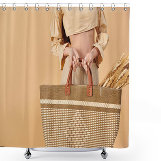 Personality  A Young Woman With Long Brunette Hair Elegantly Holding A Large, Hand-crafted Bag In A Studio Setting, Exuding A Summery Vibe. Shower Curtains