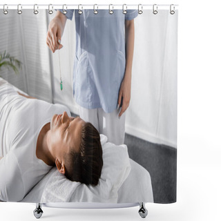 Personality  Cropped View Of Hypnotist Standing Near Man On Massage Table And Holding Green Stone Shower Curtains