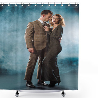Personality  Attractive Woman In Dress Standing With Handsome Gangster On Black With Smoke  Shower Curtains