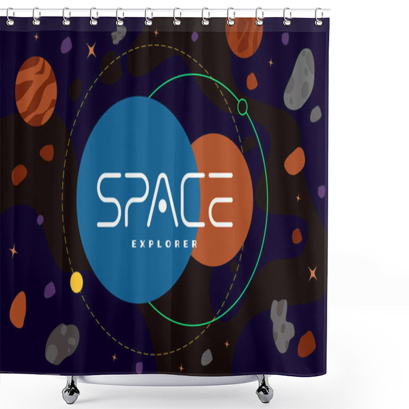 Personality  Space Explorer Poster Concept. Galaxy Exploration Company Logotype Template In Universe With Celestial Bodies, Asteroids And Nebula. Futuristic Star Trip Banner Design. Cosmic Travel Brand Eps Icon Shower Curtains