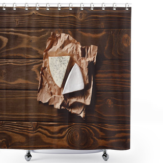 Personality  Top View Of Slices Of Cheese On Crumpled Paper On Wooden Table Shower Curtains