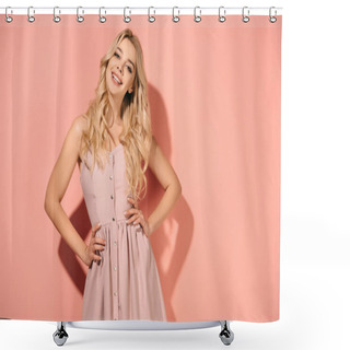 Personality  Blonde And Beautiful Woman With Hands On Hips In Pink Dress Smiling And Looking At Camera  Shower Curtains