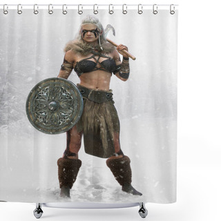 Personality  Portrait Of A Fierce Viking Woman Standing Ready For Battle With An Axe And Shield And A Snowing Forest Landscape Background. 3d Rendering Shower Curtains