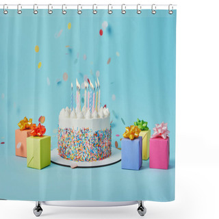 Personality  Tasty Cake With Candles, Colorful Gifts And Confetti On Blue Background Shower Curtains