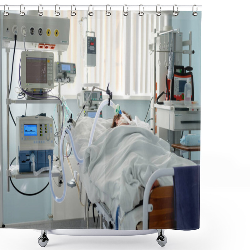 Personality  2018-05-28, Grodno Cardiac Regional Medical Centre, Belarus. Intubated Patient In Critical Stance In The Intensive Care Department. Editorial Use Only. Shower Curtains