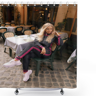 Personality  Fashion Outdoor Photo Of Beautiful Woman With Blond Hair In Casual Cozy Clothes Sitting In Italian Outdoor Restaurant Shower Curtains
