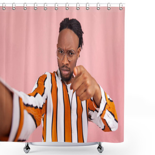 Personality  Hey You! Strict Rude Afro-american Man Blogger With Beard And Dreadlocks In Striped Shirt Pointing Finger At You Seriously Looking At Selfie Camera. Indoor Studio Shot Isolated On Pink Background Shower Curtains
